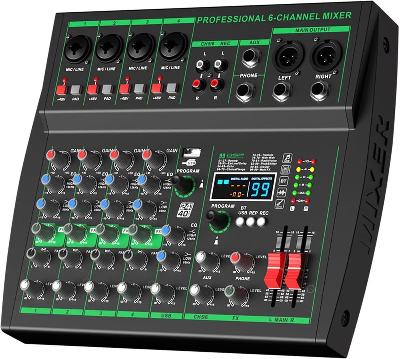 Yamnweo MW-6 black 6-Channel Professional DJ Audio Mixer Portable Controller Mixer with DSP 99 Preset Effects for Live Streaming, Podcasting, Home Party - Image 1